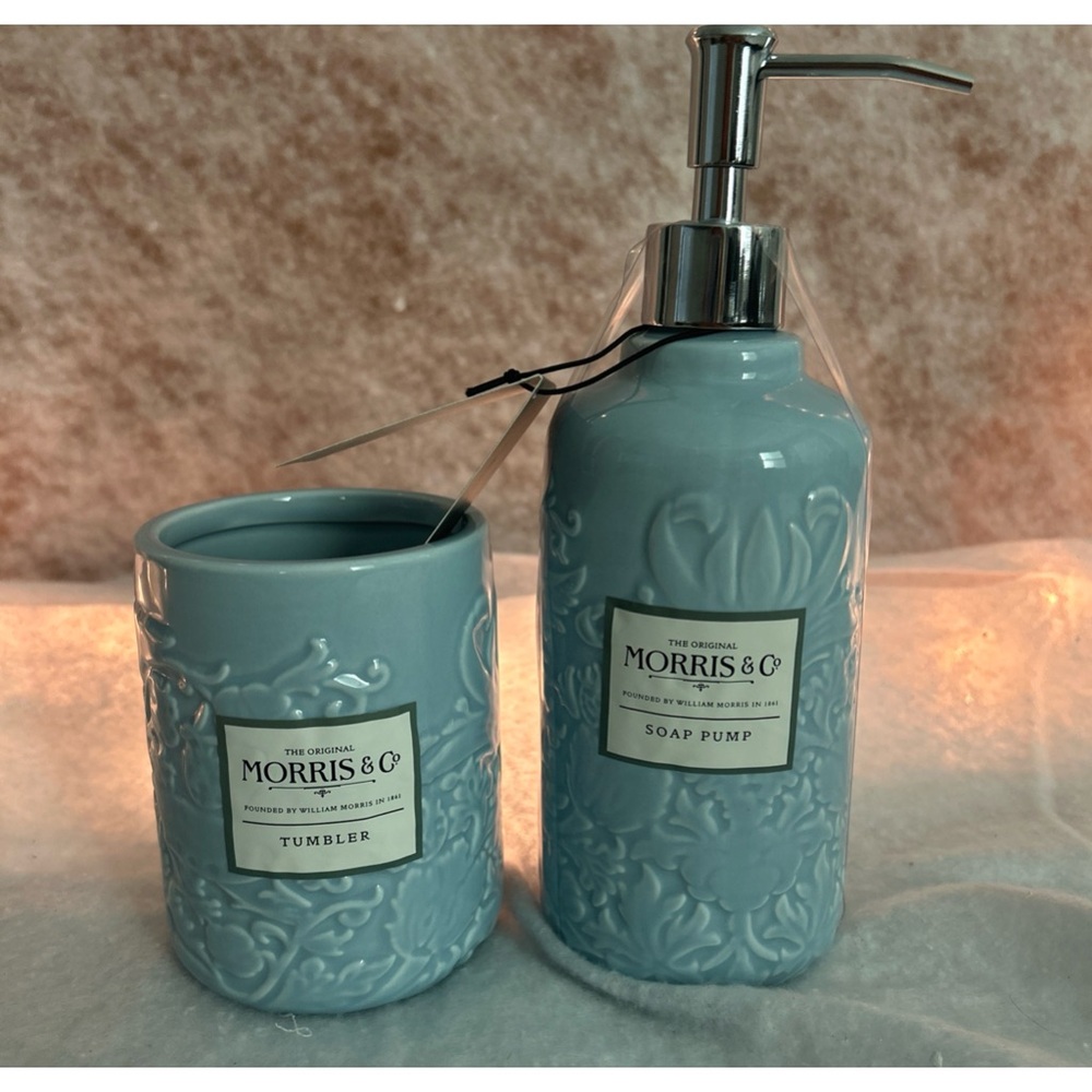 Morris & Co. Blue Tumbler and Soap Pump Set strawberry thief
